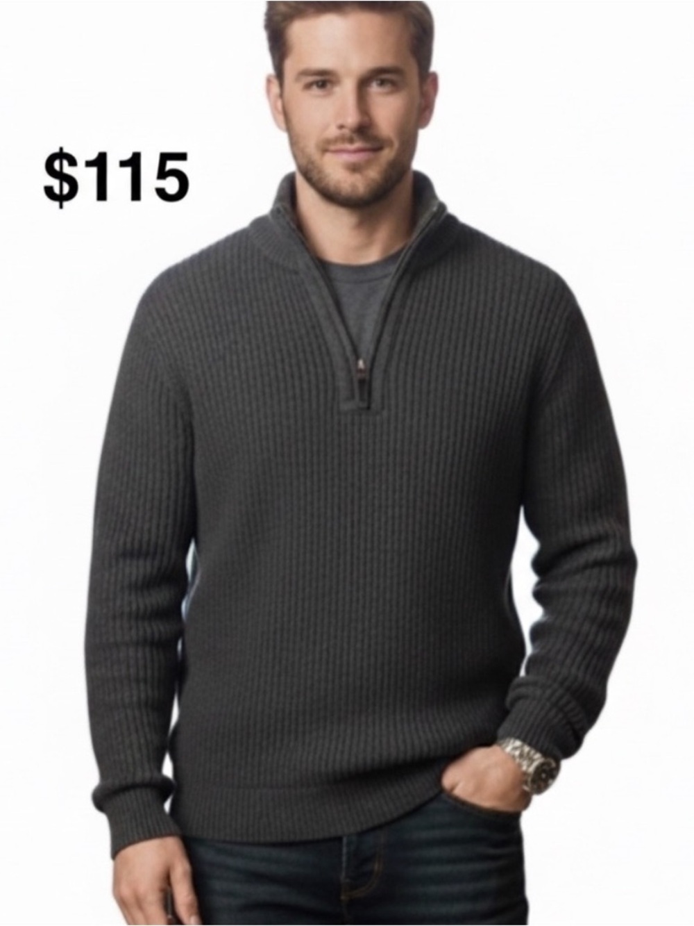New Weatherproof Vintage Men's Charcoal Grey half Zip-Up Sweater size L Cotton